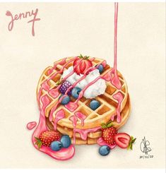 a drawing of a waffle with strawberries and whipped cream on top, next to a candle