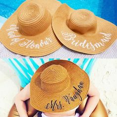 "Our personalised embroidered floppy beach hats are perfect for destination weddings, hen/bachelorette parties and even for honeymoons.  Customised with the wording of your choice they are fully embroidered making the customisation permanent.  The hats are available in White, Cream, Tan, Black, Dusky Pink, Blush Pink and Dusky Orange.  The hats are made from 100% paper straw and are fully bendable and will easily fit into your suitcase 🙂.  The brim of the hat measures approximately 14cm (5.5 \") The head circumference measures approximately 57cm (22.5\")" Summer Wide Brim Sun Hat For Wedding, Summer Straw Hat With Curved Brim For Wedding, Summer Wedding Straw Hat With Wide Brim, Personalized Summer Hats With Curved Brim, Summer Wedding Hats With Curved Brim, Personalized Curved Brim Summer Hat, Summer Beach Sun Hat With Embroidery, Summer Wide Brim Straw Hat For Wedding, Summer Embroidered Sun Hat For Beach