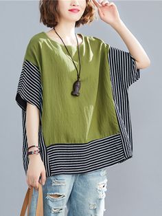 Sku CY-!86937 Material Polyester , Ramie Cotton , >70%Cotton Style Loose , Batwing Sleeves Feature Striped , Split-joint Neckline Round-neck Occasion Casual , Urban , Vintage Seasons Summer Type T-shirts Color DEEP BLUE,BLACK,GREEN Size FREE SIZE Please consult the size chart we provide for this item's measurements to help you decide which size to buy.Please note: There may be 1-3cm differ due to manual measurement.CMINCH Bust Shoulder Sleeve Length FREE SIZE 136 54 33 65 Casual Green V-neck Short Sleeve Top, Green Casual T-shirt For Spring, Summer Khaki Crew Neck Tops, Dark Green Cotton Tops For Spring, Dark Green Cotton Top For Spring, Spring Khaki Crew Neck Top, Khaki Crew Neck Tops For Spring, Light Green Cotton Short Sleeve Top, Light Green Short Sleeve Cotton Top