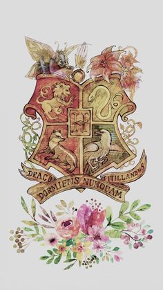 the hogwarts crest with flowers and leaves on it, painted in watercolor