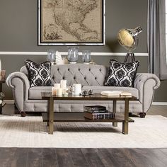 Viviana Glam Sofa in Gray- features the same classic deep tufting, the nailhead trim, and rolled arms Gray Chesterfield Sofa, Glam Sofas, Grey Living Room Sets, Fabric Chesterfield Sofa, Modern Victorian Style, Grey Fabric Sofa, Cozy Luxury, Sofa And Loveseat Set, Rolled Arm Sofa