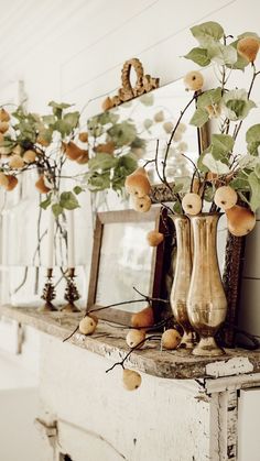 there is a vase with some fruit on the shelf next to an old fashioned mirror