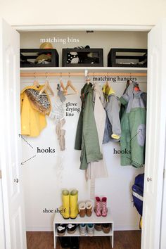 an organized closet with clothes and shoes hanging on the wall, labeled parts of a coat hanger