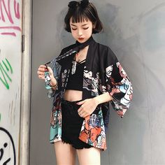 Product ID: JW4699 
 Material: Polyester 
 Color: Black, Brown 
 Size Info: 
 One Size  Bust 131 cm, Sleeve 31 cm, Length 72 cm www.ccovv.com Japanese Kimono Traditional, Printed Kimono Jacket, Kimono Traditional, Top Cosplay, Traditional Japanese Kimono, Kimono Outfit, Island Outfit, Kawaii Shirts, Bohemian Kimono