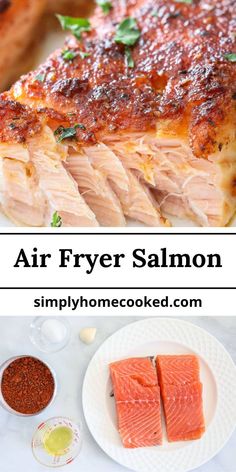 air fryer salmon on a plate with spices and seasoning next to the fish