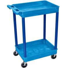 a blue plastic utility cart on wheels with one shelf and two trays attached to it