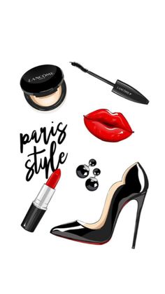 the words paris style are written in black and white with red lipstick, high heeled shoes