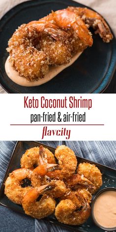 keto coconut shrimp pan fried and air fried on a black plate with dipping sauce