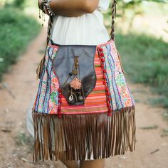 Unique Bohemian Fringe Crossbody Bag, Hmong Hill Tribe Embroidered Sling Bag for Women, Ethnic Purse with Leather Strap - BG0017-00-PIN Boho Mirror, Fringe Crossbody Bag, Embroidered Leather, Boho Bags, Leather Gifts, Clothes Crafts, Leather Tassel, Bag For Women, Sling Bag