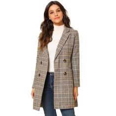 Allegra K Women's Double Breasted Notched Lapel Plaid Trench Blazer Coat Brown Medium : Target Brown Plaid Coat, Blazers Outfits, Plaid Blazer Outfit, Kashmir Trip, Plaid Outerwear, Plaid Overcoat, Lapel Collar Coat, Elegant Clothing, Work Blazer