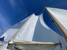 the back end of a sailboat with white sails and blue sky in the background