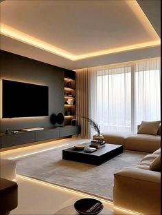 a modern living room with white walls and beige furniture, along with a large flat screen tv mounted on the wall