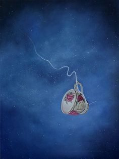 a painting of a teacup flying through the air with a string attached to it