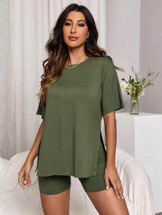 Drop Shoulder Split Hem Tee & Shorts Lounge Set Army Green Casual-Woman  Short Sleeve Fabric Plain Short Sets High Stretch All Women Sleep & Lounge, size features are:Bust: ,Length: ,Sleeve Length: Army Green Shorts, Plus Lingerie, Short Pj Set, Short T Shirt, Short Sleeve Cropped Top, Stretch Shorts, T Shirt And Shorts, Split Hem, Sleepwear Women