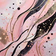 an abstract painting with gold, black and pink colors