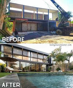 before and after pictures of a house being built in the middle of a tropical area