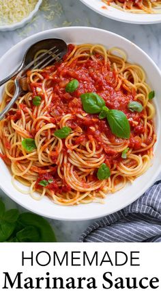 homemade marinara sauce in a white bowl with basil leaves on top and the words, homemade marinara sauce