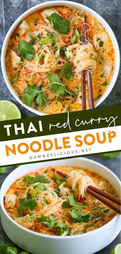 thai red curry noodle soup in a white bowl with chopsticks and cilantro