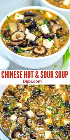 chinese hot and sour soup with mushrooms in a white bowl