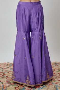 Violet pure spun silk kurta with floral, gota and marodi hand embroidery. Comes with sharara and an organza dupatta. - Aza Fashions Kurta And Sharara, Sharara Gharara, Silk Kurta, Kareena Kapoor Khan, Luxury Sale, Sharara Set, Organza Dupatta, Modern Bride, Set For Women