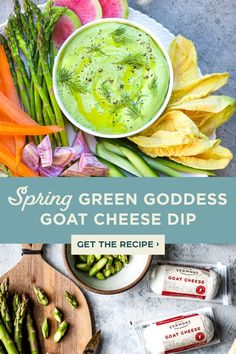 spring green goddess goat cheese dip with asparagus, carrots and radishes