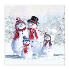 three snowmen standing next to each other in front of a snowy forest with christmas trees