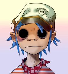 a cartoon character with blue hair and a hat on his head is staring at the camera