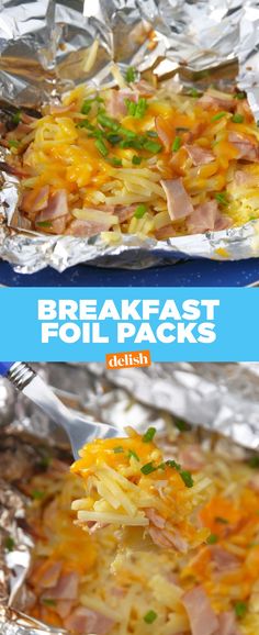 two pictures of breakfast foil packets with ham and cheese