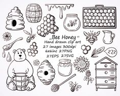 bee honey hand drawn clipart set with bees, honeycombs and honey jars