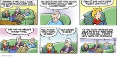 a comic strip with an older man and woman talking to each other on the couch