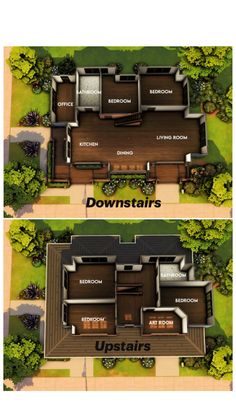 an aerial view of two houses with the words upstairs and downstairss on each floor