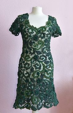 Fantastically beautiful dress - elaborately crocheted in many, many hours by hand from quality yarn a real UNIQUE  A unique piece! Elegant Handmade Fitted Dresses, Elegant Fitted Green Crochet Dress, Fitted Elegant Green Crochet Dress, Elegant Green Fitted Crochet Dress, Green Fitted Crochet Dress For Party, Many Many, Cloak, Dress Clothes For Women, Beautiful Dress