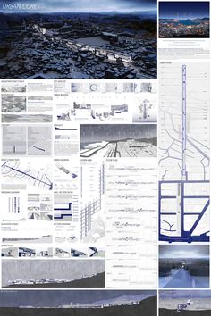 several different architectural diagrams are shown in blue and white colors, including an overhead view of the city