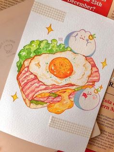 a drawing of a sandwich with bacon and an egg on it, next to a book