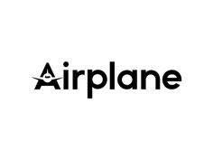 the word airplane is written in black on a white background with an airplane logo below it