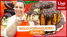 a woman holding a piece of cake with chocolate icing on it and the words bolo formmguiero parte ii