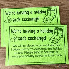 two green stickers that say we're having a holiday exchange