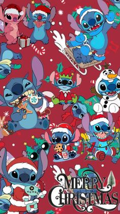 christmas wallpaper with stitchy characters and the words merry christmas written in red letters