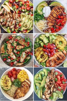 several pictures of different types of salads and meats on plates, including chicken, shrimp, avocado, tomato, corn, cucumber, green beans