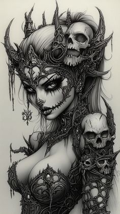 a drawing of a woman with skulls on her chest