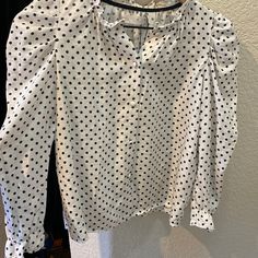 Sweet Polka Dot, Puffed Sleeved Blouse. Never Worn. Excellent Condition. Has A Satiny Feel. Casual Polka Dot Puff Sleeve Blouse, Casual Polka Dot Blouse With Puff Sleeves, Zara Casual Top With Ruffled Collar, Casual Polka Dot Puff Sleeve Tops, Cute White Button-up Blouse, Cute Long Sleeve Tops With Button Closure, Zara Cotton Puff Sleeve Blouse, Cute Zara Long Sleeve Blouse, Cute Long Sleeve Zara Blouse