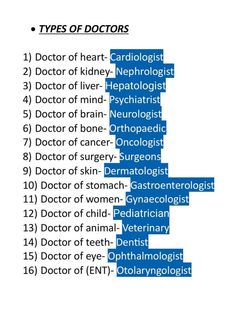 the types of doctors and their names in blue text on a white background with an image of