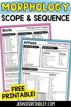 two worksheets with text that says, morphology scope and sequence roots