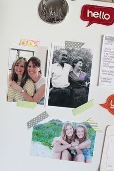 a refrigerator with pictures and magnets on it