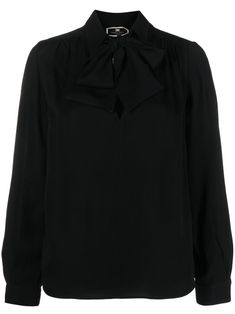 black embroidered logo to the front gold-tone buttons buttoned-cuff sleeves pussy-bow collar concealed front fastening long sleeves straight hem Embroidered Scarf, Bow Collar, Cuff Sleeves, Neck Scarves, Black Blouse, Logo Embroidered, Collar Shirts, Blouses, Black Shirt