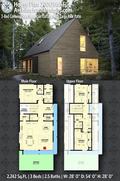 two story house plan with 3 bedroom and 2 bathrooms in the front, an open floor plan