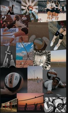 the collage shows many different pictures and people in sports gear, including volleyballs