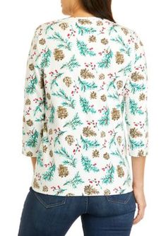 Available in a variety of holiday-inspired prints, this top from Kim Rogers is the perfect pick for all your holiday parties. | Kim Rogers Women's 3/4 Sleeve V-Neck Allover Print Top, Medium Multicolor Tops For Holiday In Fall, Multicolor Tops For Holiday Fall Season, Multicolor Tops For Fall Holiday, Multicolor Printed Holiday Tops, Multicolor Printed Tops For Holiday, Spring Holiday Top With Graphic Print, Graphic Print Top For Spring Holiday, Holiday White Printed Top, Multicolor Tops For Spring Holiday