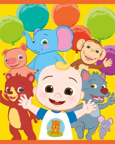 an image of a baby surrounded by many different animals and balloons on a yellow background