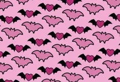 a pink and black bat pattern with hearts on it's back ground, in the shape of heart shaped bats